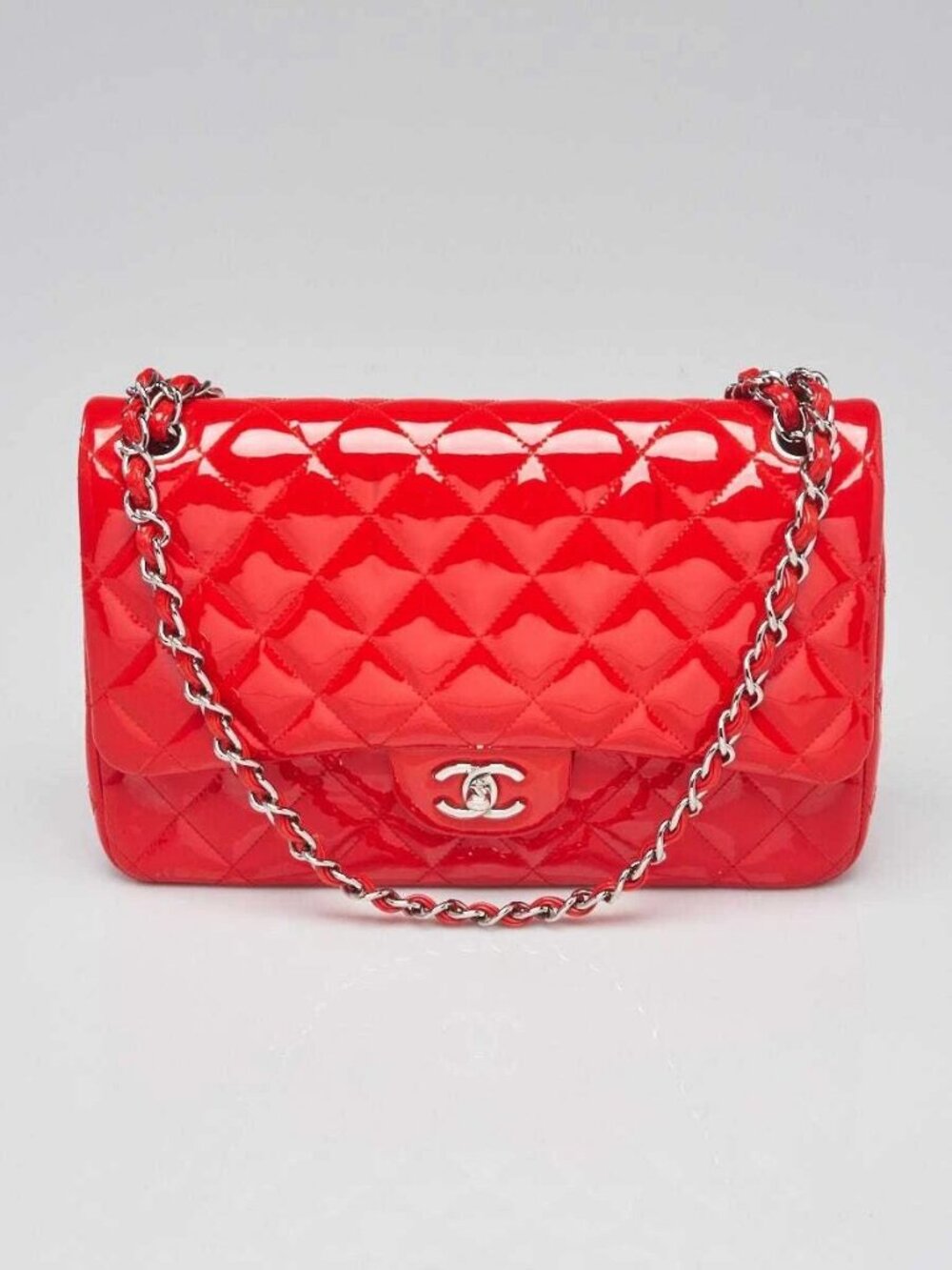 Chanel Red Quilted Patent Leather Classic Jumbo Double Flap Bag